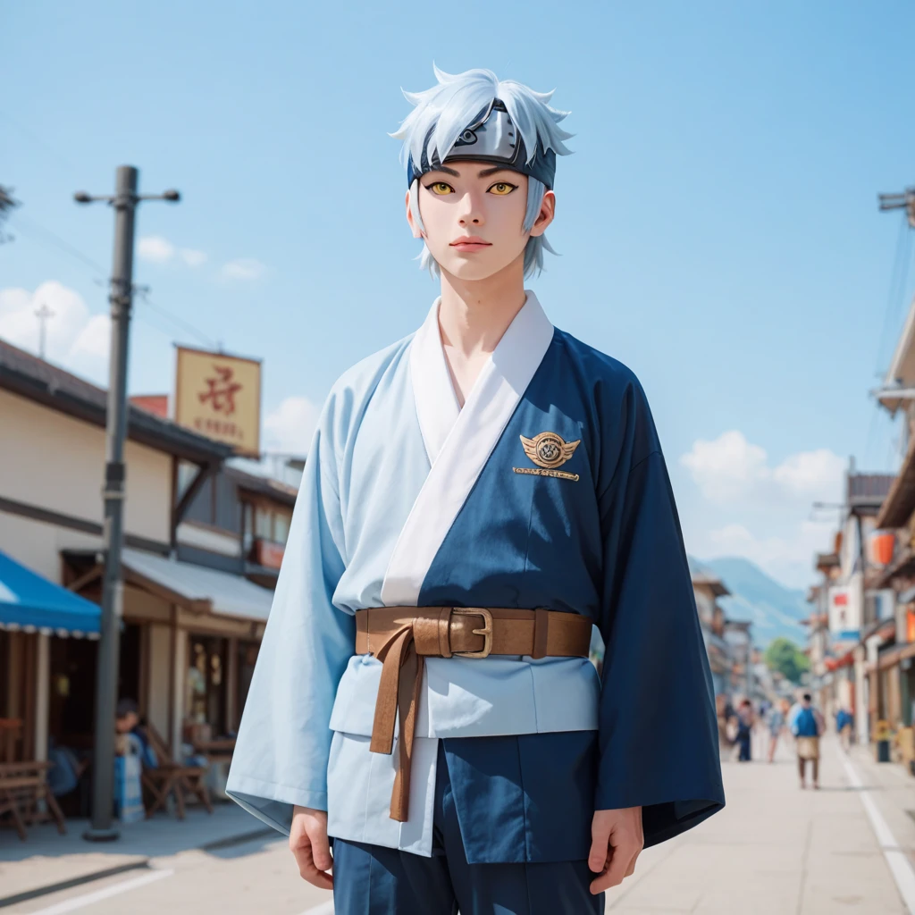 Mitsuki, 1boy, solo, white skin, light blue hair, yellow eyes, kimono blue sky striped blue navy , brown big belt, head protector, dark blue pants, cowboy shot, outdoors,