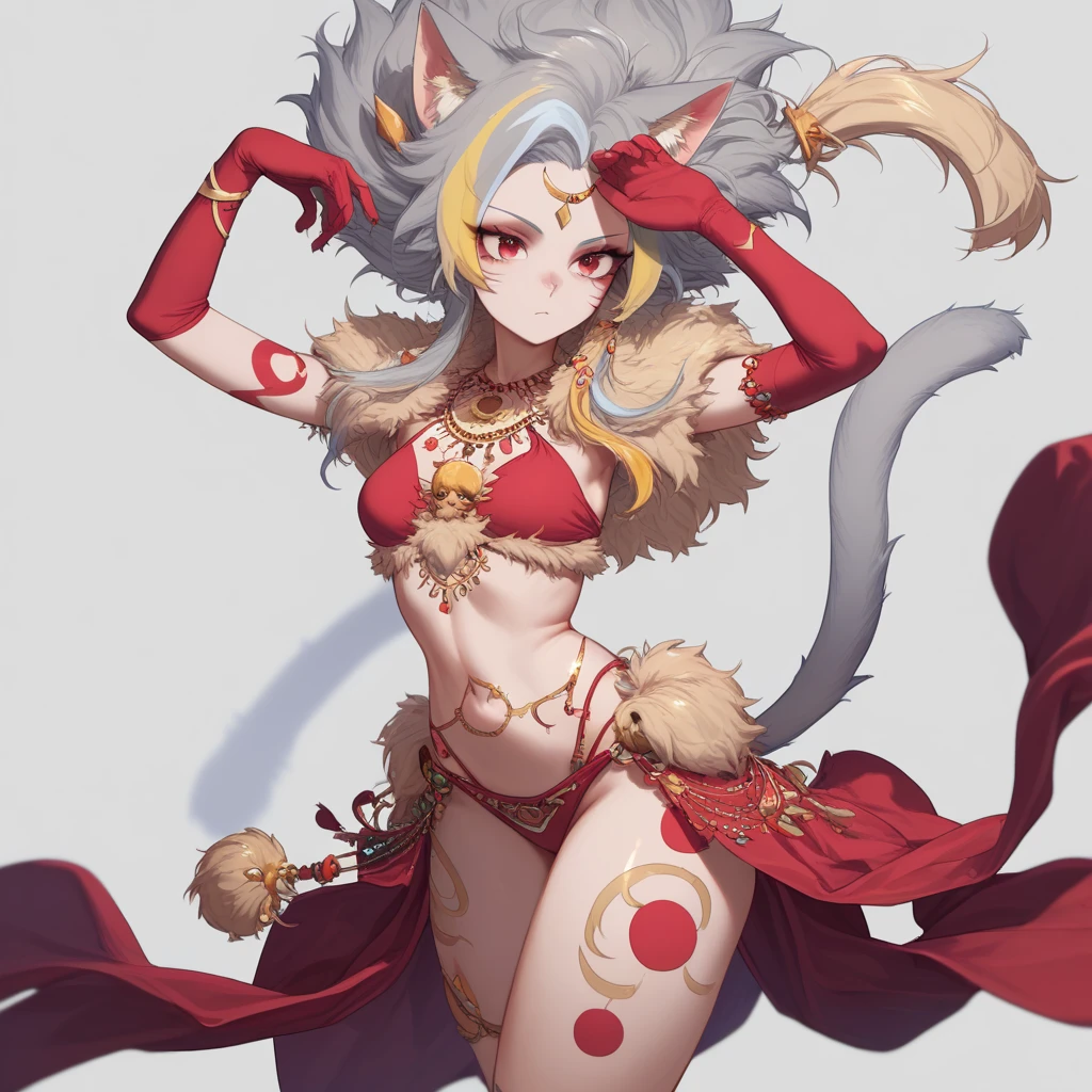  1 girl,,  red eyes, Gray Hair, Multicolored Hair,   streak hair,  hair ornament , blonde hair band , Cat Girl, Tail,  revealing clothes,  belly dancer costume,  fur trim, Red gloves,  elbow gloves , Body pattern, Tattooed skin,  golden ornament,