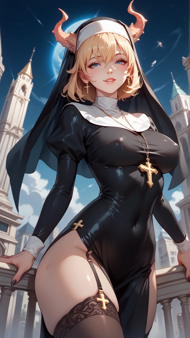 space monster girl dressed as a nun, the size of a skyscraper.