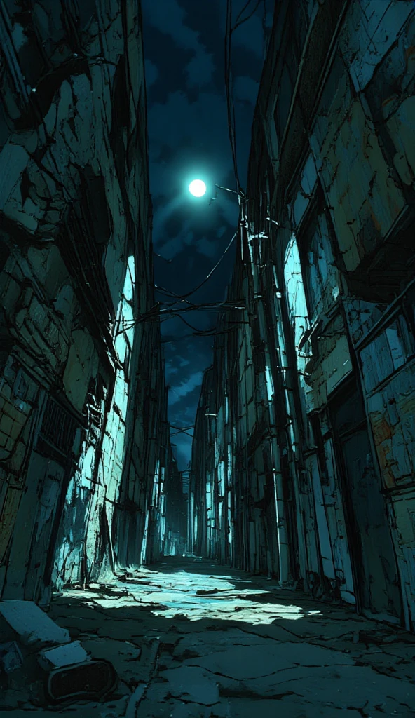 A narrow, grimy alley at night, dimly lit by a flickering streetlamp. The ground is littered with trash and puddles of dirty water reflecting the faint light. Crumbling brick walls, covered in peeling posters and graffiti, line both sides of the alley. Shadows stretch long and ominous, with faint sounds of distant shouting and footsteps echoing through the urban decay. A tense, oppressive atmosphere hangs heavy, the kind of place where desperation lingers and danger feels just out of sight.
