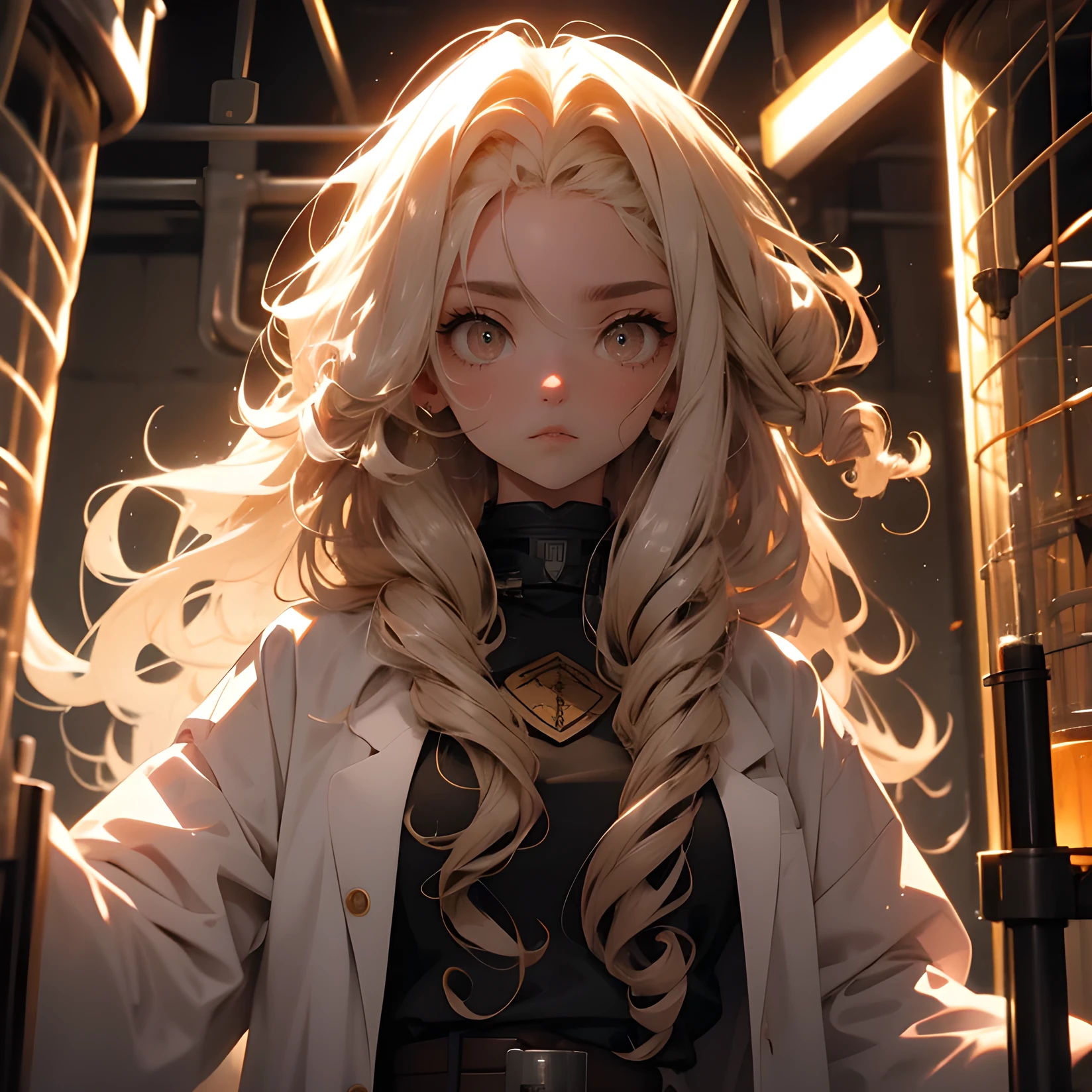 beautiful long white curly hair girl in lab coat with brown eyes and a dark prison background