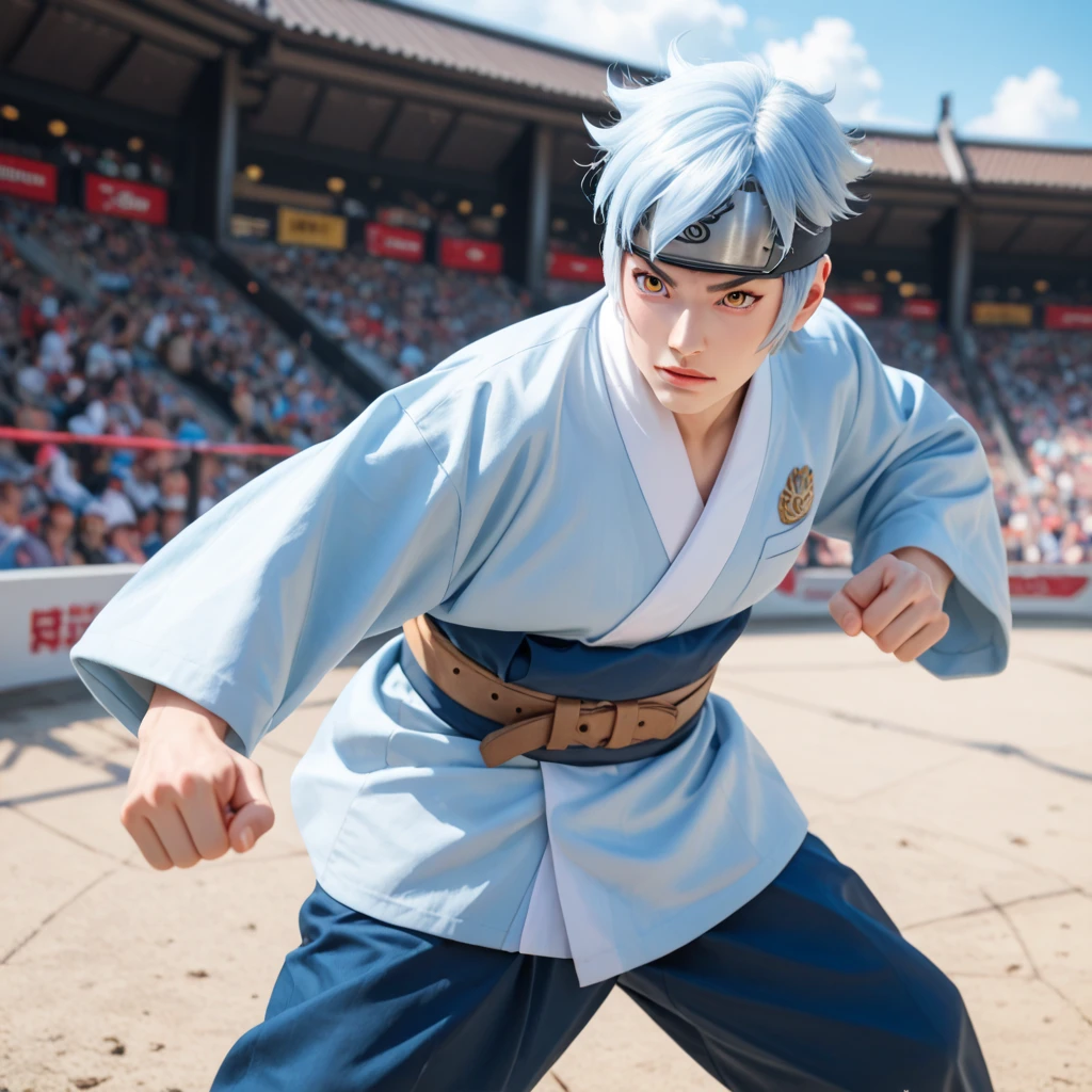 Mitsuki, 1boy, solo, white skin, light blue hair, yellow eyes, kimono blue sky striped blue navy , brown big belt, head protector, dark blue pants, fight pose, cowboy shot, outdoors,