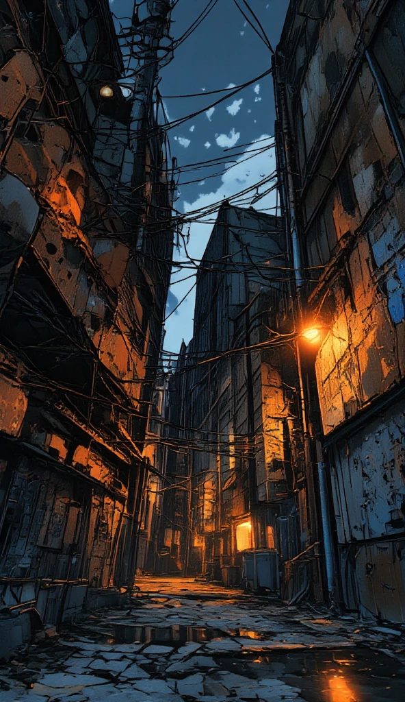 A desolate war-torn alley, suffocated by the stench of smoke and blood, lit only by the faint orange glow of distant fires casting eerie shadows. The cobblestone ground is uneven, scattered with shattered glass, bullet casings, and pools of murky water reflecting the dull light. The crumbling brick walls are pockmarked with bullet holes and scorched from recent firefights, their surfaces layered with torn propaganda posters and faded graffiti of long-forgotten resistance messages.

Rusted pipes jut out at odd angles, some leaking steam that hisses into the cold, oppressive night air. Overhead, twisted remnants of electrical wires dangle dangerously, sparking intermittently. Distant echoes of artillery fire rumble like thunder, punctuated by the occasional burst of automatic gunfire and the faint screams of the wounded. The acrid scent of burnt rubber and ash lingers, blending with the metallic tang of blood.