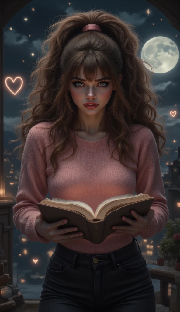 masterpiece, 8k, HDR, 3D, best quality, photograph, analog style, real life, extremely beautiful, (highly detailed, intricately detailed), (highly detailed skin), (alluring eyes), a glamorous female, long curly brown hair, brown eyes, long eyelashes, mascara, bright red lips, looking at viewer, sensual, swept bangs, brown ponytail, pink sweater, bare right shoulder, tight black pants, heterochromia, standing with an open book in her hand, dark moonlit starry background, with glowing neon hearts, close up, dark shadows, realistic, indoor