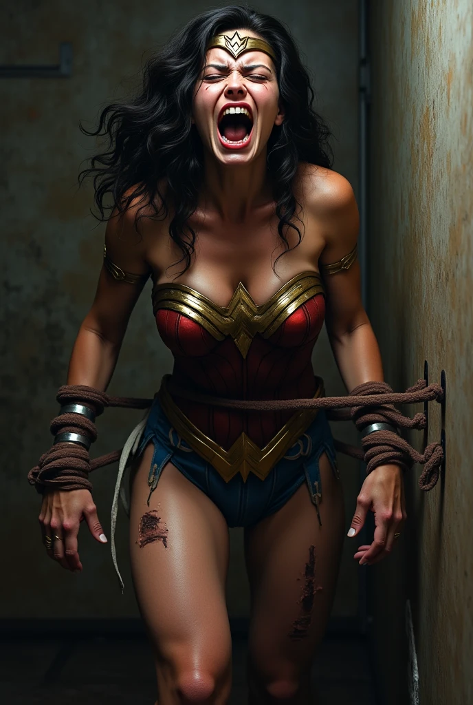 1 girl, beautiful girl, Wonder Woman, overskirt, Dangling, halfbody, (eyes locked:1.3, weak, helpless, dors), body with bruises, (((manacles)), ((manacles and arms up, current conductors, metal  collar, bound wrists)), bondage, slavery, restriction, (basement wall background, grimy, tenebrosa, nasty), best qualityer, work of art, arms up, comic style, cartoon font