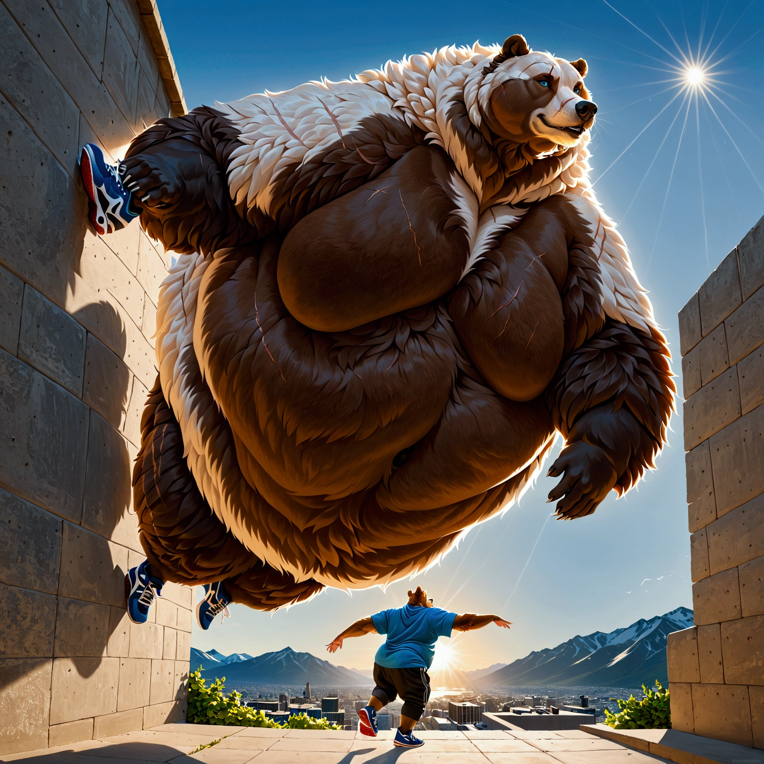 Very Extremely Morbidly-Obese Immobile very fluffy Grizzly Bear with unbelievably Very very very Extremely Massive Overhang white fluffy Belly, wears shoes, scar on the face, Beautiful Blue eyes, Parkour. 