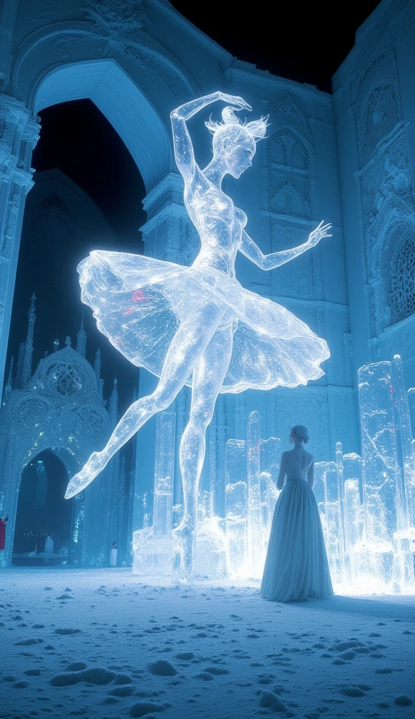 A giant ice sculpture of a ballerina shot from a low angle. It is shine with light where it reflects slight rainbow color like a diamond. It is displayed inside an ice castle's hall, where the environment is filled with bright cool colors such as blue and white.