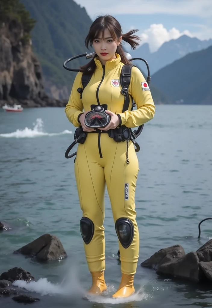 A documentary photo, Photo-realistic, ultra-realistic, (Japanese beautiful young woman, famous Japanese idol, boyish cool face:1.3), wetlook rubberish pink clothes,, she is a military diver of Japan navy, experienced military diver, wearing a professional wetsuits for military diver with professional scuba equipment, She is on a shlre, She is preparing to scuba dive for a lifesaving mission, there is a large battle ship behind her,, Natural Makeup, boyish face ,Front View:1.21, Perfect Anatomy:1.21, Small head:1.21, Slender body:1.37, Narrow waist:1.5, Thin limbs:1.5, Flat Chest:1.5, Anatomically correct limbs, Diving Suits warm  wetlook (high smooth turtleneck collar), Fully equipped for diving, Very cute Japanese woman, Brown Hair, Chignon Hair, woman holds oval scuba mask, Calm sea in qinter, Dynamic and emotional movie lighting, 