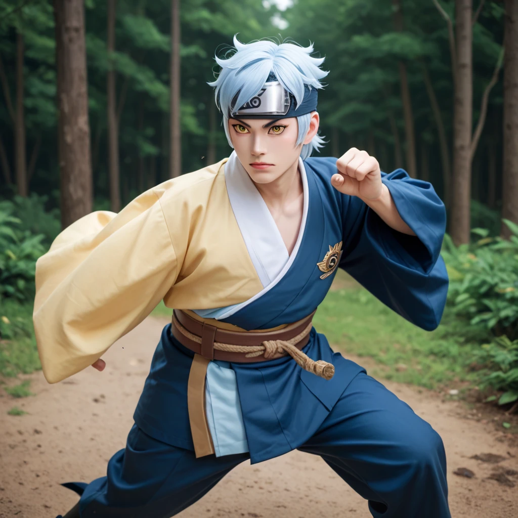 Mitsuki, 1boy, solo, white skin, light blue hair, yellow eyes, kimono half blue sky and half blue navy, brown big belt, head protector, dark blue pants, fight pose, cowboy shot, forest