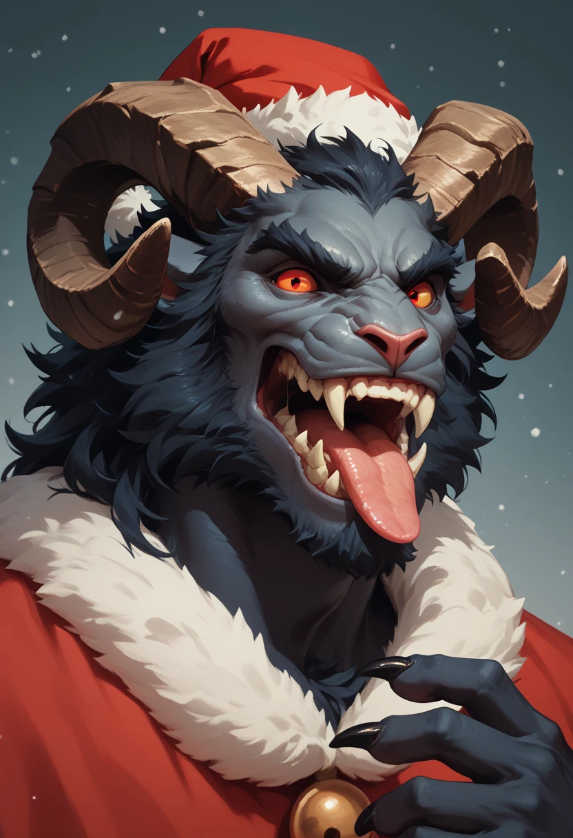 A dark and detailed portrait of Krampus in a Santa Claus costume.  He has big, twisted horns like those of a ram ,  bright red eyes and a long, meandering tongue .  His body is covered with thick black fur , with sharp claws in his hands, large