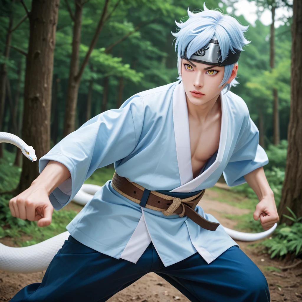 Mitsuki, 1boy, solo, white skin, light blue hair, yellow eyes, kimono blue sky, brown big belt, head protector, dark blue pants, fight pose, cowboy shot, forest, white snake in hand