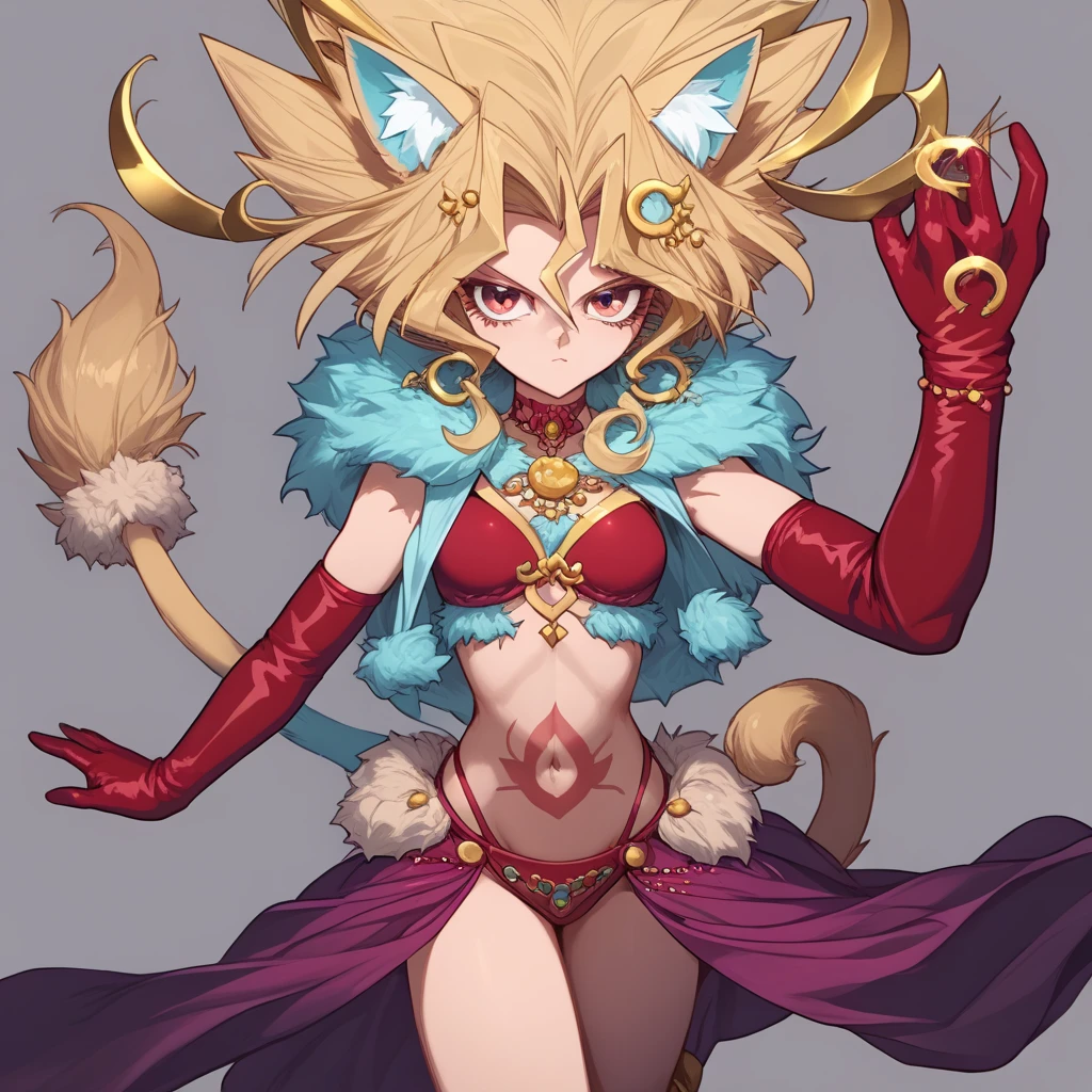 （Peacock Dance）、 1 girl, Blonde, Multicolored Hair,  hair ornament , Blondeのヘアバンド, Cat Girl, Tail,  revealing clothes,  belly dancer costume,  fur trim, Red gloves,  elbow gloves , Body pattern, Tattooed skin,  golden ornament,