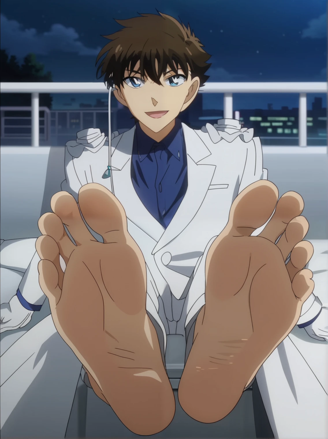 Score_9, score_8_up, source_anime, 1boy, Kaito Kuroba, big eyes, alone, looking at viewer, blue shirt, white jacket, white mantle, white gloves, white long pants, night, in his bedroom, lying on the bed, lifting legs to show his soles, flirty smile, cowboy shot, ANIME SCREENCAP, anime coloring, barefoot, perfect feet, anatomically correct, soles, from above, focal length 35mm, each foot has five toes, front, symmetrical soles, foot focus