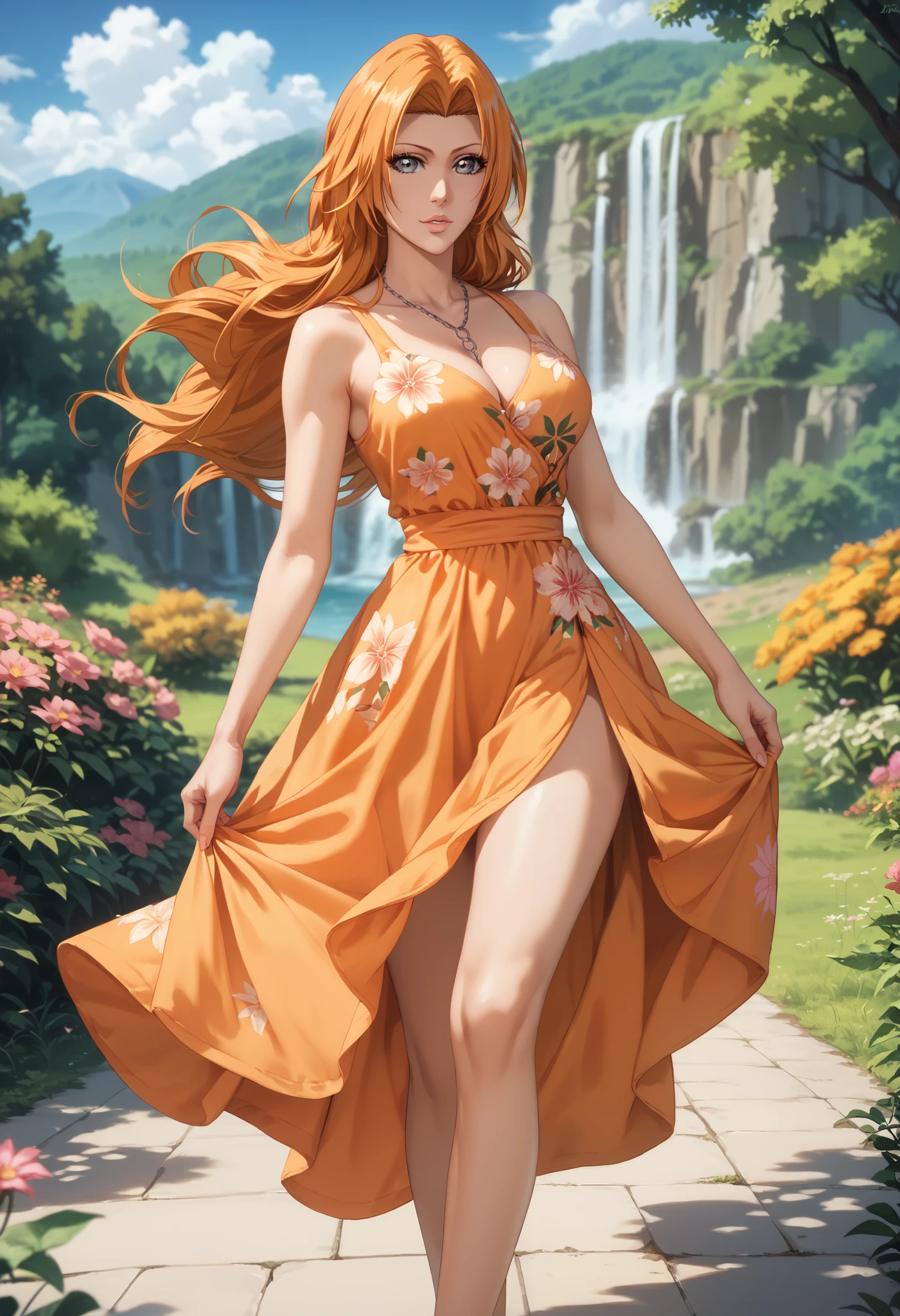 extremely detailed CG, high resolution, best quality, masterpiece, single woman, matsumoto rangiku (bleach), gray eyes, (beautiful detailed eyes: 1.4), orange hair, summer dress, long legs, natural pose, nature landscape