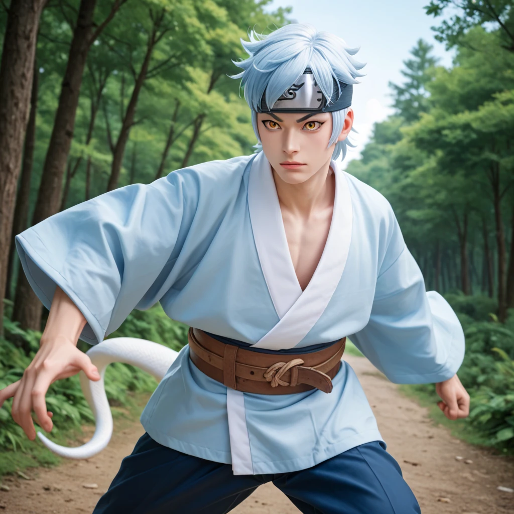 Mitsuki, 1boy, solo, white skin, light blue hair, yellow eyes, kimono blue sky, brown big belt, head protector, dark blue pants, fight pose, cowboy shot, forest, white snake in hand