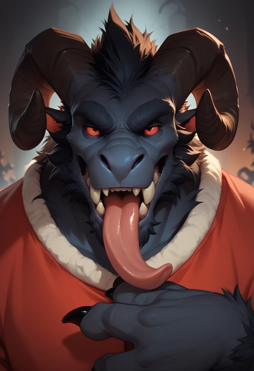 A dark and detailed portrait of Krampus in a Santa Claus costume.  He has big, twisted horns like those of a ram ,  bright red eyes and a long, meandering tongue .  His body is covered with thick black fur , with sharp claws in his hands, large, monster, demonic,creepy,dark