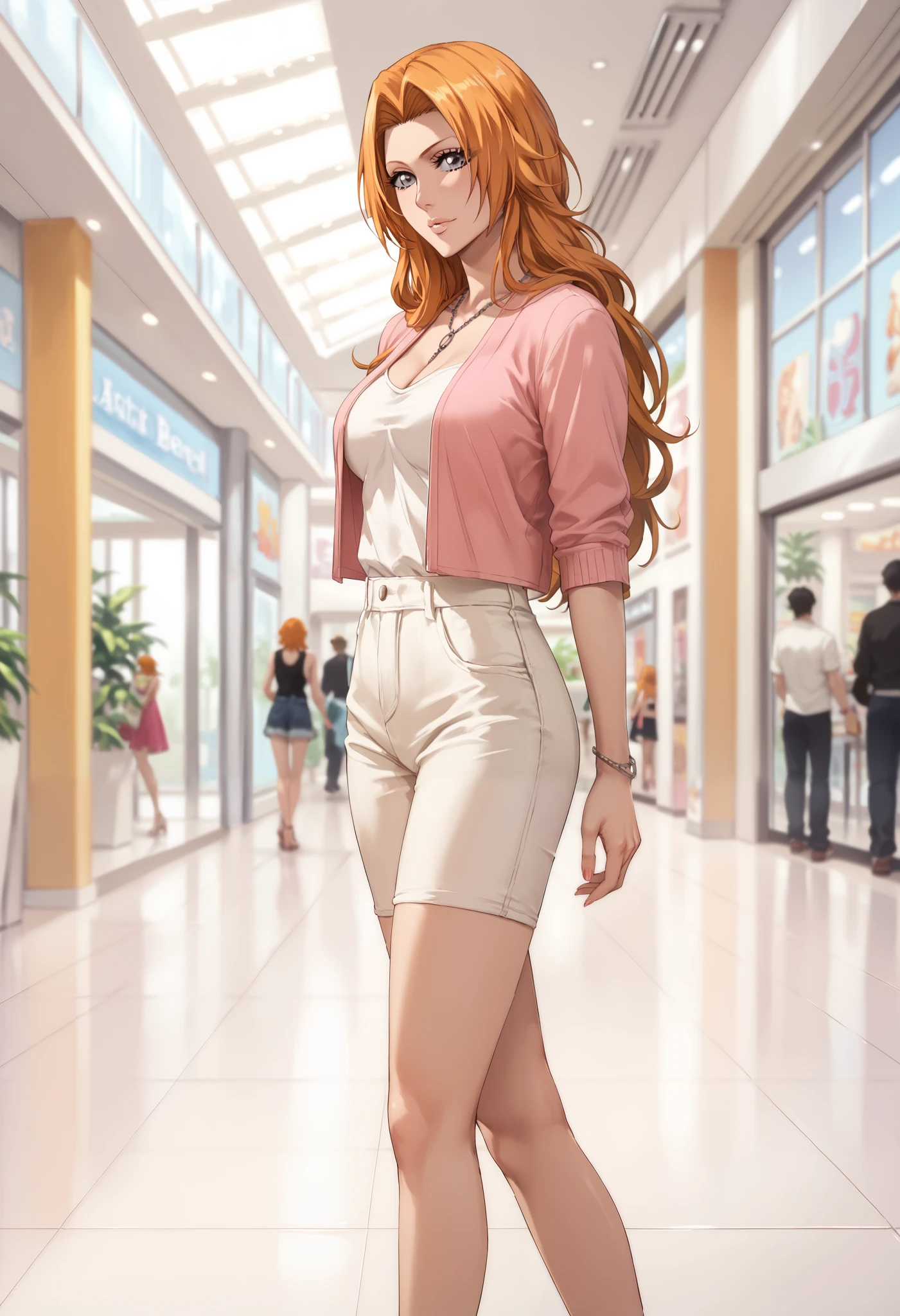 extremely detailed CG, high resolution, best quality, masterpiece, single woman, matsumoto rangiku (bleach), gray eyes, (beautiful detailed eyes: 1.4), orange hair, casual clothes, long legs, natural pose, mall