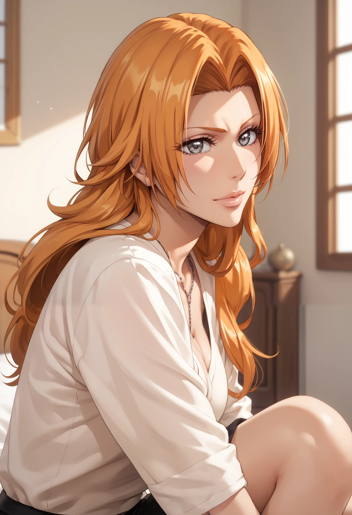 extremely detailed CG, high resolution, best quality, masterpiece, single woman, matsumoto rangiku (bleach), gray eyes, (beautiful detailed eyes: 1.4), orange hair, casual clothes, long legs, natural pose, bedroom