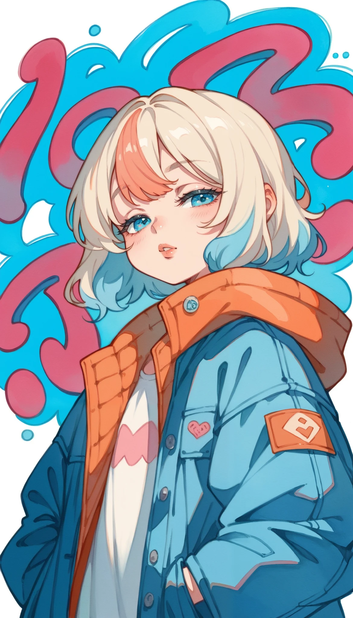 1girl, a , Alone, Viewer, Simple background , white background , Lazy, Half-closed eyes, Too-dyed tan hair, Bubbles, functional style jacket, upper body, Open clothes, abdomen, From the back, open jacket, Lips, oversized jacket , Graffiti, compensate, nylon, nylon 冲锋衣,style: midjourney, watercolor (medium), cute, chibi