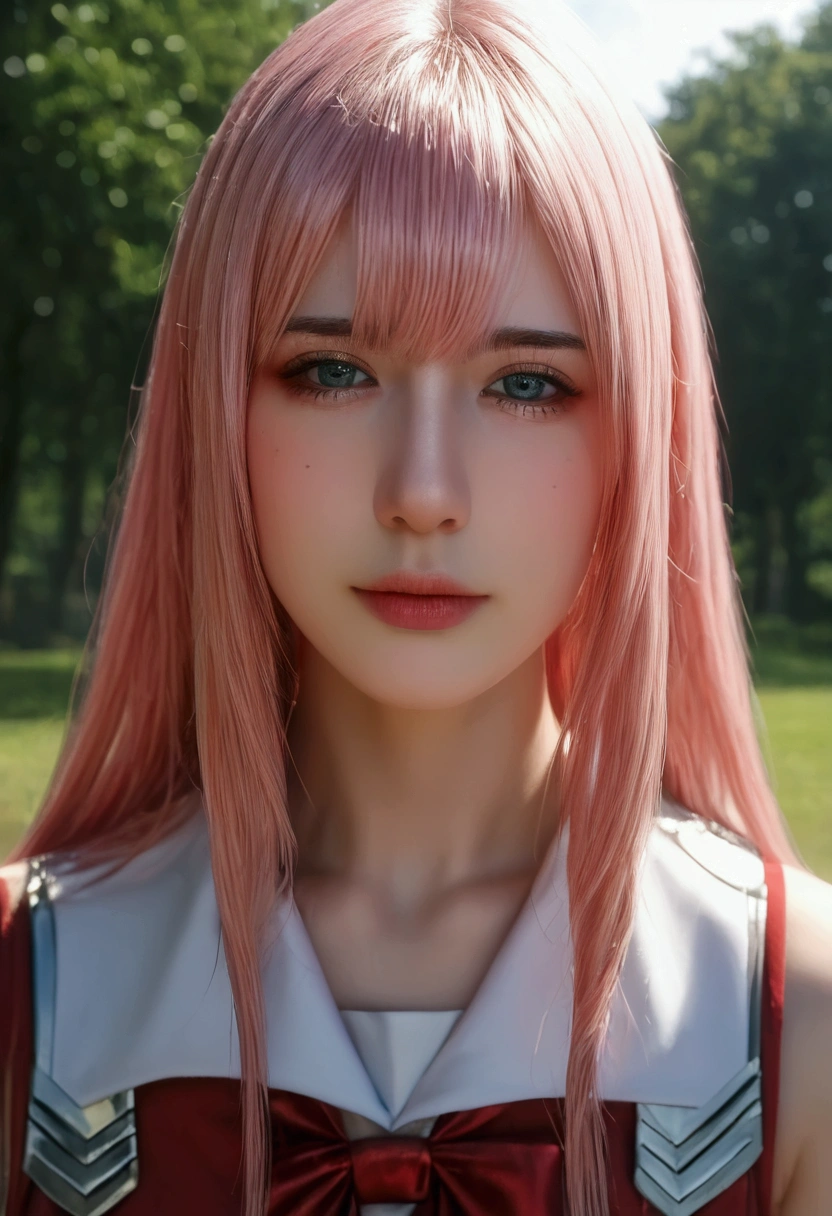 bmasterpiece、top-quality、hight resolution)、 Real life adaption for this character, Masterpiece, high quality, best lighting, cinematic, 1girl, zero two, pink hair, (perfect body), ((schoolgirl uniform)), looking at viewer, standing, outdoors