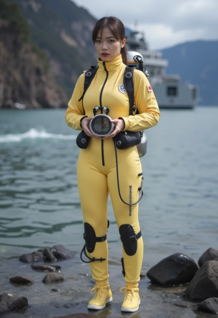 A documentary photo, Photo-realistic, ultra-realistic, (Japanese beautiful young woman, famous Japanese idol, boyish cool face:1.3), wetlook rubberish pink clothes,, she is a military diver of Japan navy, experienced military diver, wearing a professional wetsuits for military diver with professional scuba equipment, She is on a shlre, She is preparing to scuba dive for a lifesaving mission, there is a large battle ship behind her,, Natural Makeup, boyish face ,Front View:1.21, Perfect Anatomy:1.21, Small head:1.21, Slender body:1.37, Narrow waist:1.5, Thin limbs:1.5, Flat Chest:1.5, Anatomically correct limbs, Diving Suits warm  wetlook (high smooth turtleneck collar), Fully equipped for diving, Very cute Japanese woman, Brown Hair, Chignon Hair, woman holds oval scuba mask, Calm sea in qinter, Dynamic and emotional movie lighting, 