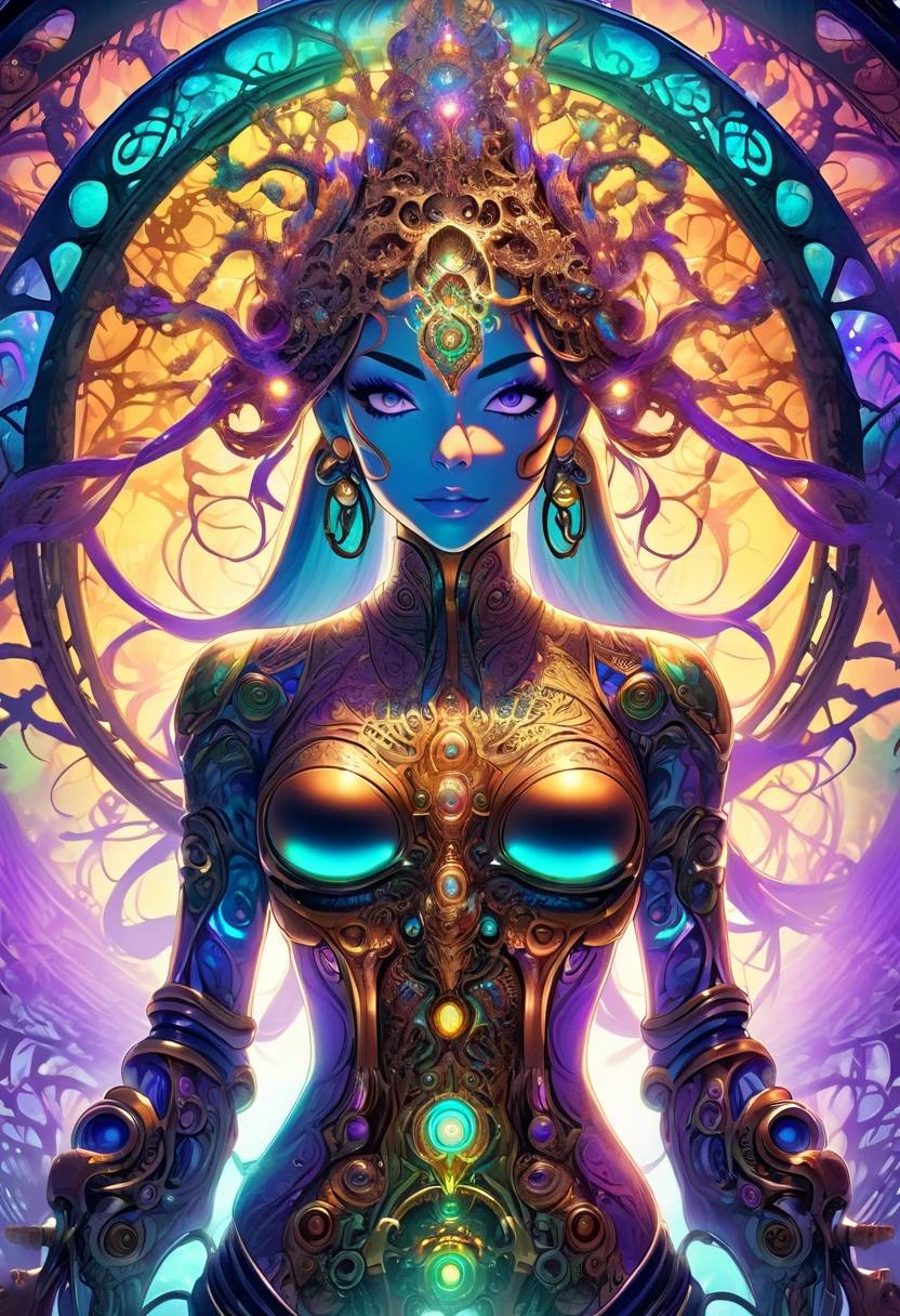 in the style of Art Nouveau, beautiful background, trending in artstation, fantasy, cyberpunk, symmetrical, detailed, 4k, high resolution, best quality, anime, black african woman, long hair, big wide set eyes, arms, legs, feet, crystal blue, sea green, red, intense stare, whole body, sexy