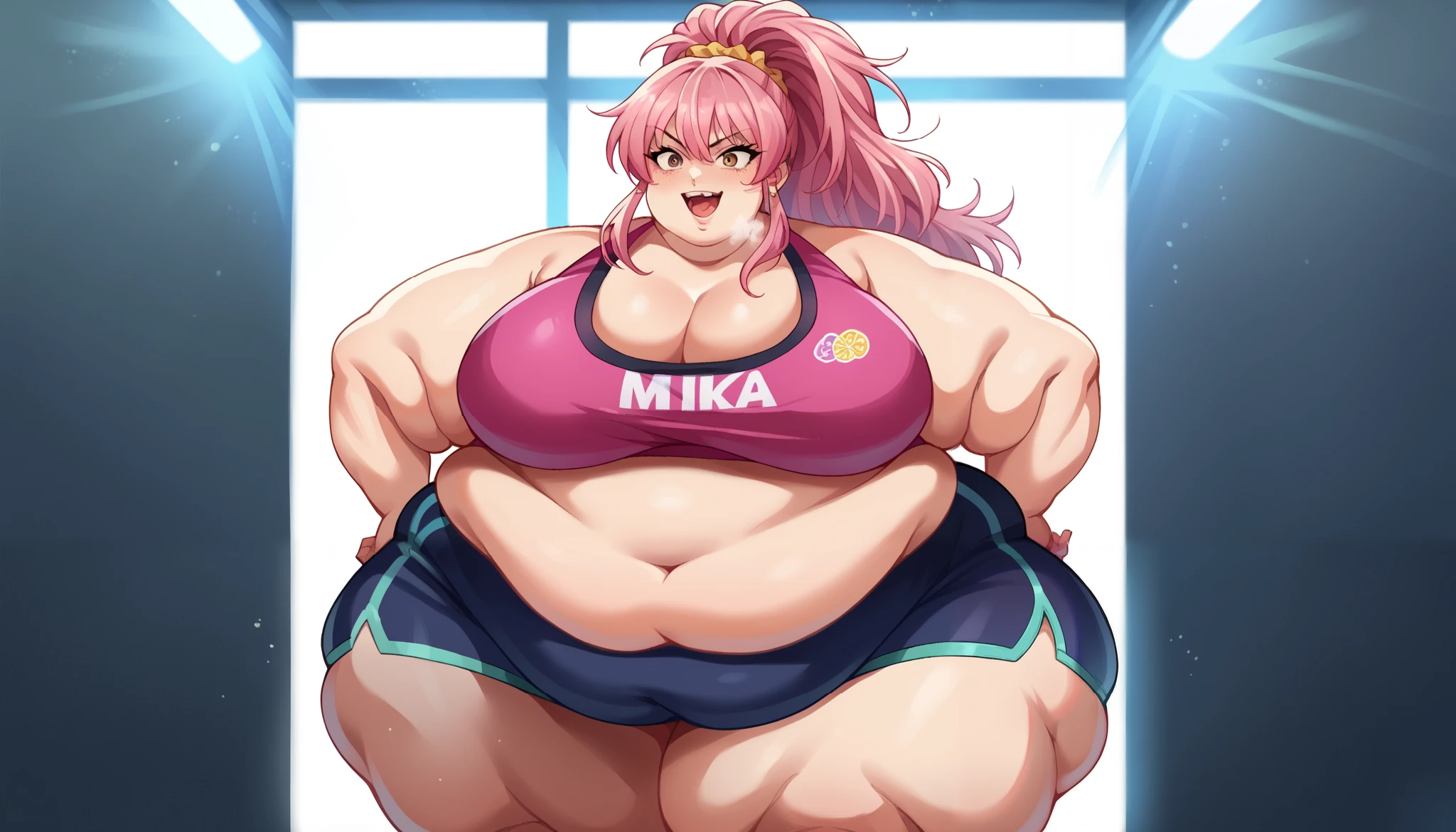 masterpiece, absurdres, official art,
kanna,hairband,beads,twintails, happy, v arms, 
police station, standing, smile, blush, solo, 1girl, SSBBW kanna kamui, big cheeks, ssbbw, severely obese, 600lbs obese female, no pupils, ultra detailed, masterpiece, best quality, aesthetic, detailed, Fluffy and Fat Face, Big Butt, Big Cheeks, Obese Body, Sexy, Obese Girl, Happy, Cute Expression, Very Hot, bbwchan, nsfw art, manhwa, oppai proportions, she has a jiggly fat round belly, body swelling about to explode, thicc, with a large breasts, doujin, very thick thighs, obese arms, obese belly, big cheeks, Slob body