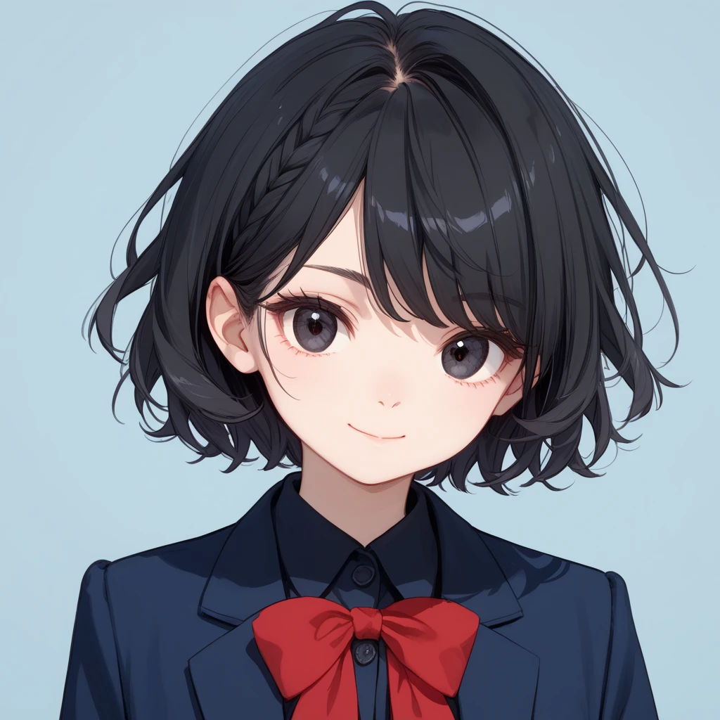   top quality, (15yo:1.0),  black hair, bright hair, medium wolf cut hair, swept bangs, school uniform, Unbreakable fingers,  top qualityの指,  closed mouth, Dark Eyes,  blazer, Navy blue clothes,  Red Ribbons , ish, Round eyes, School, light smile,