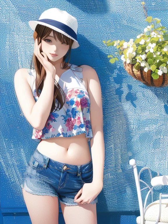 ((Extremely exposed))(High-definition image quality)極Realistic skin texture、High definition face(brown、Very long straight hair、Hair behind the ear、Beautiful moist brown hair、Smooth Hair)((Bright smile))、Gaze(sexyな25歳の女の子、Idol Makeup、Eyeliner)(Fair skin)(Sparkling eyes)Smooth Skin、Realistic skin texture ((Oversized T-shirt、Short length、Cleavage) ((Extremely short denim miniskirt、damage、Super tight、small、Ultra low rise))))Beautiful armpits、On the position of the chest、Round big breasts、Beautiful valley、Ultra-thin waist、Waistline、Long legs、Glitter High Heels((((Seaside cafe during the day))))(((((Medium full shot from below、sexy))))))Erotic and bold poses、squat