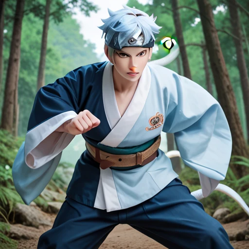 Mitsuki, 1boy, solo, white skin, light blue hair, yellow eyes, kimono blue sky, brown big belt, head protector, dark blue pants, fight pose, cowboy shot, forest, white snake in hand