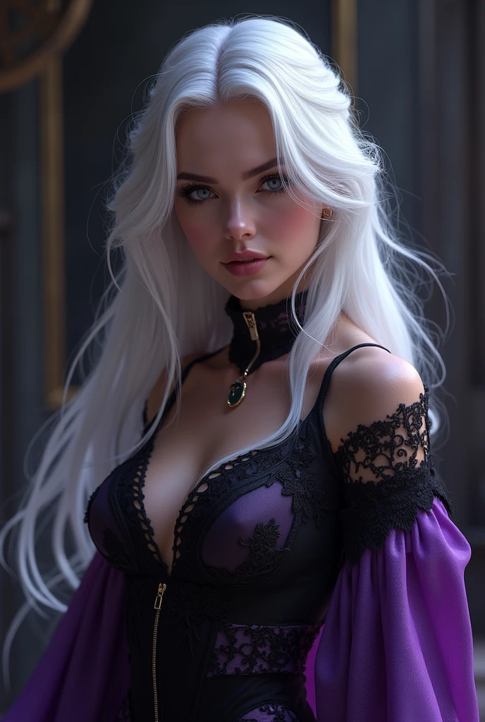 She is a beautiful young woman of 2, with silky white hair that cascades over her shoulders. His eyes are a deep purple, glowing with a faint supernatural glow, emanating an aura of mystery and power. Your beauty is undeniable, with delicate features that highlight its unique and mesmerizing appearance.clothing style:
She wears a luxurious and seductive dress, made of fine silk that molds to your body with elegance and provocation. The dress is predominantly black, with dark red details that contrast sensually with her pale skin. Golden embellishments adorn the dress, adding a touch of sophistication and refinement to your look.fund:
She is inside an ancient palace, whose walls are decorated with intricate tapestries that tell stories of centuries past. Large windows allow moonlight to gently enter, creating a play of shadows that enhances your figure. Ao fundo, a crystal chandelier casts brilliant reflections, delicately illuminating the environment and highlighting its imposing presence.
