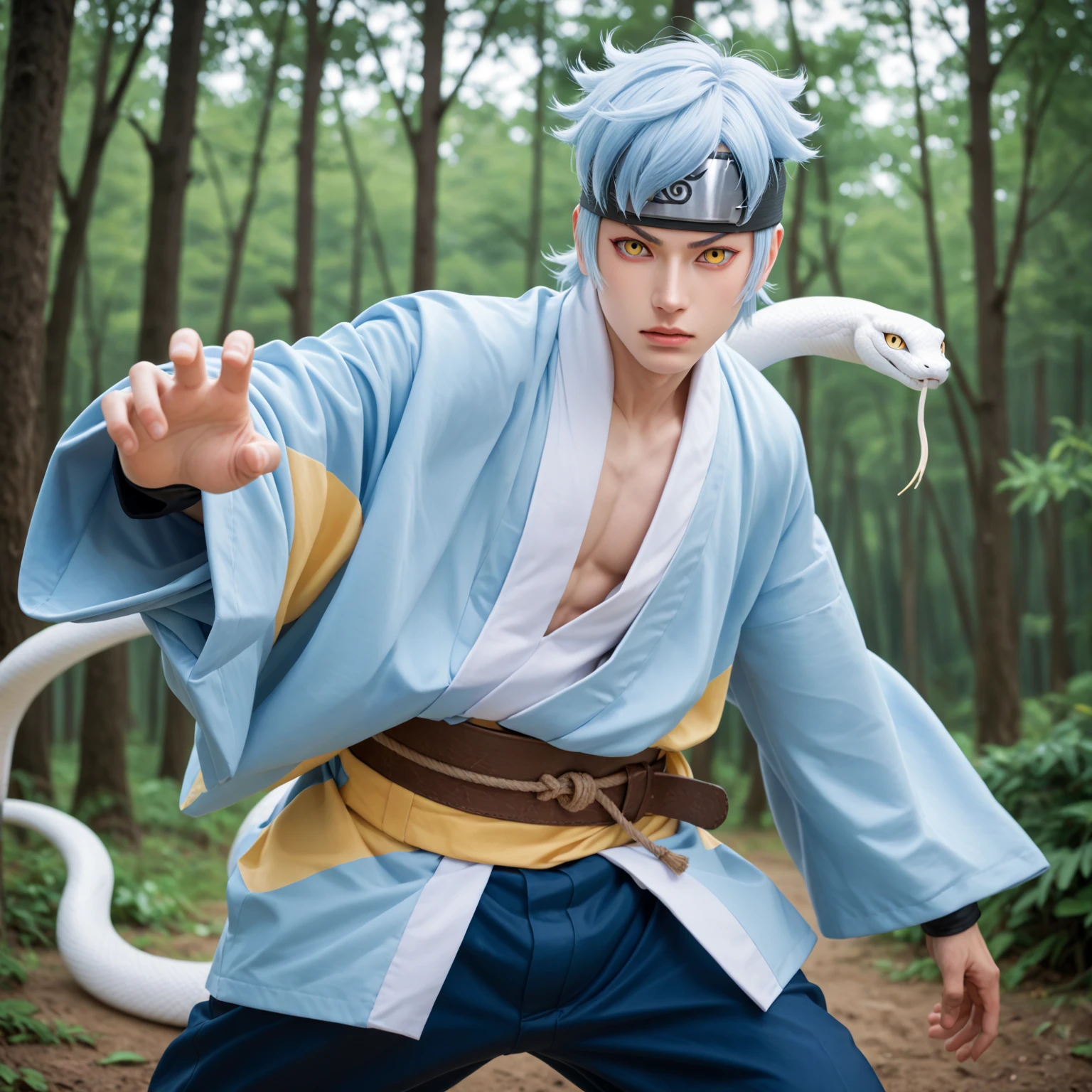 Mitsuki, 1boy, solo, white skin, light blue hair, yellow eyes, kimono blue sky, brown big belt, head protector, dark blue pants, fight pose, cowboy shot, forest, white snake in hand