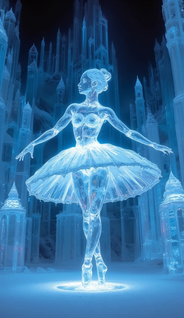 A giant ice sculpture of a ballerina shot from a low angle. It is shine with light where it reflects slight rainbow color like a diamond. It is displayed inside an ice castle's hall, where the environment is filled with bright cool colors such as blue and white.