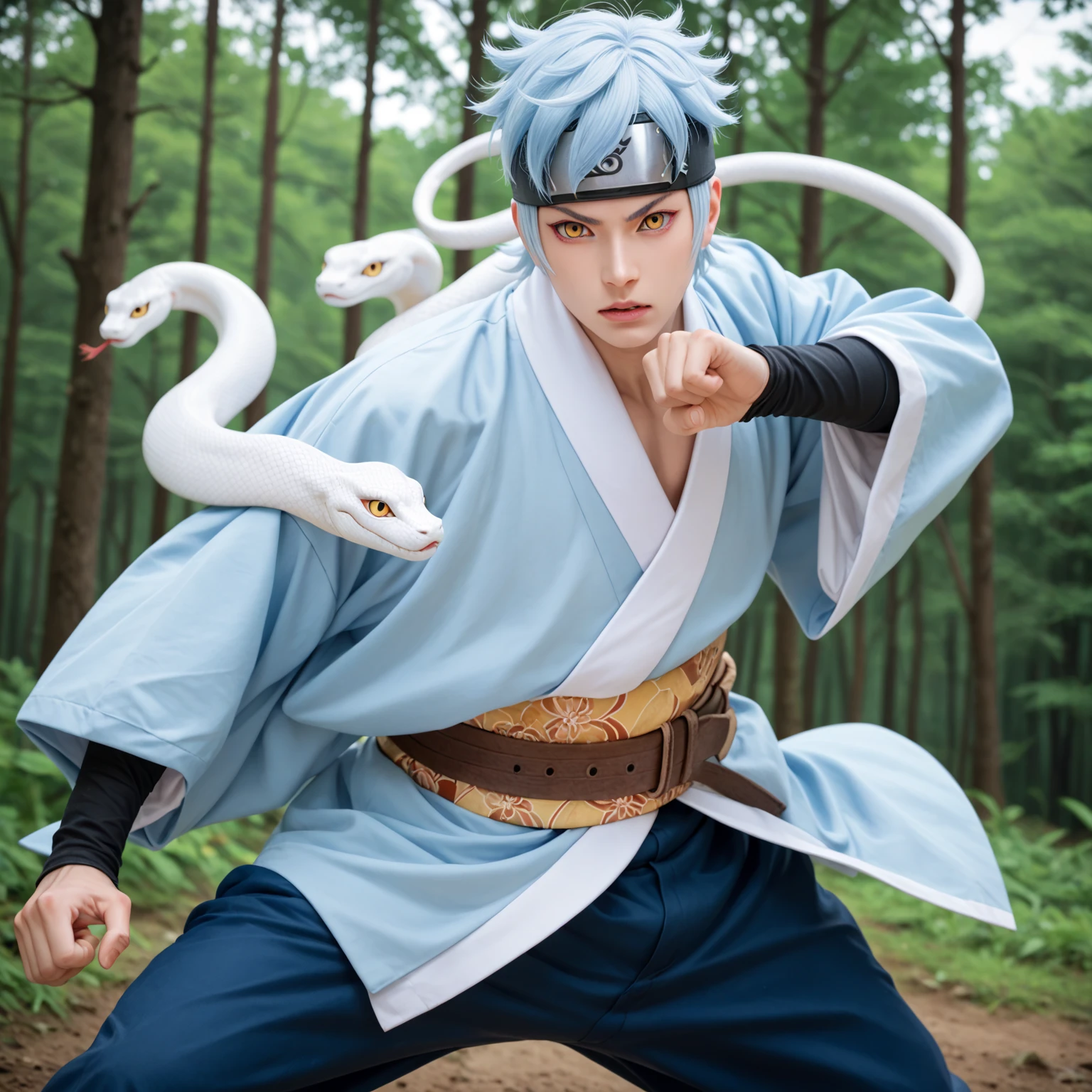 Mitsuki, 1boy, solo, white skin, light blue hair, yellow eyes, kimono blue sky, brown big belt, head protector, dark blue pants, fight pose, cowboy shot, forest, white snake in hand