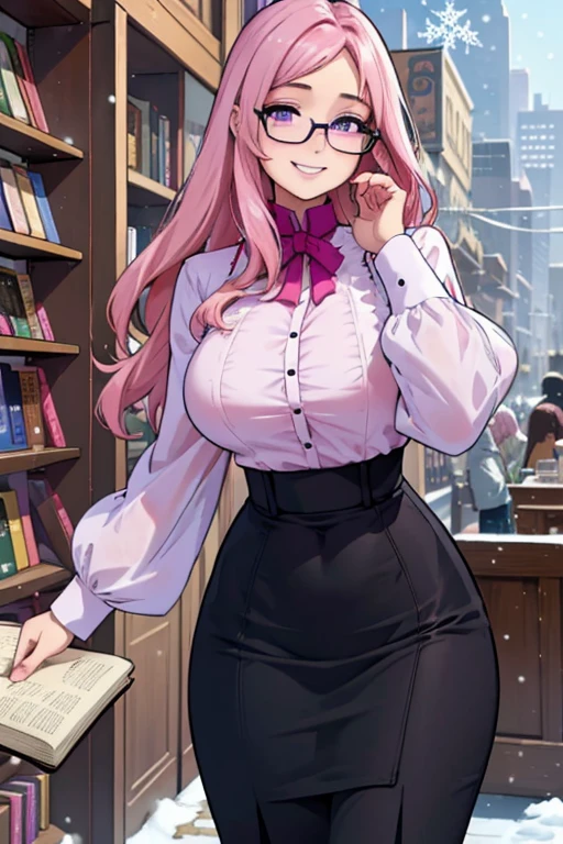female teacher、A radiant smile、Long skirt、suit、Earrings、Glasses、brooch、belt、Pink Hair、Red eyes、Large Breasts、Too big breasts、library、gigantic breasts,bursting breasts、best quality, perfect skin