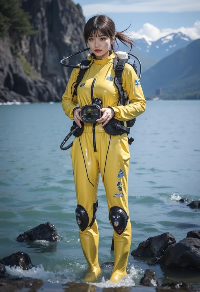 A documentary photo, Photo-realistic, ultra-realistic, (Japanese beautiful young woman, famous Japanese idol, boyish cool face:1.3), wetlook rubberish pink clothes,, she is a military diver of Japan navy, experienced military diver, wearing a professional wetsuits for military diver with professional scuba equipment, She is on a shlre, She is preparing to scuba dive for a lifesaving mission, there is a large battle ship behind her,, Natural Makeup, boyish face ,Front View:1.21, Perfect Anatomy:1.21, Small head:1.21, Slender body:1.37, Narrow waist:1.5, Thin limbs:1.5, Flat Chest:1.5, Anatomically correct limbs, Diving Suits warm  wetlook (high smooth turtleneck collar), Fully equipped for diving, Very cute Japanese woman, Brown Hair, Chignon Hair, woman holds oval scuba mask, Calm sea in qinter, Dynamic and emotional movie lighting, 