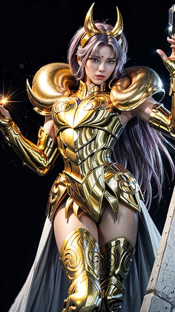 Super high saturation（masterpiece）， Full body image，（Best quality）， （1 girl），purple hair,  Wearing shining golden armor， Sexy lingerie type armor，Show your breasts，Expose the waistline，Show your thighs，cool pose， Saint Seiya Armor， Messy hair，High Detail, anime style, Movie Lighting, spark, Divine Light, Ray Tracing, Film Grain, Ultra HD, textured skin, Super Detail, anatomically correct, high resolution，Super high saturation，High contrast，high gloss armor，Smooth skin，a sinister sneer，Realistically，（masterpiece，Top quantity，Best quality，official art，Beauty and aesthetics：1.2），Very detailed，Fractal art，Colorful, background Athena temple, sunny day, dynamic pose, highly detailed, cinematic, huge boobs, Athena temple,