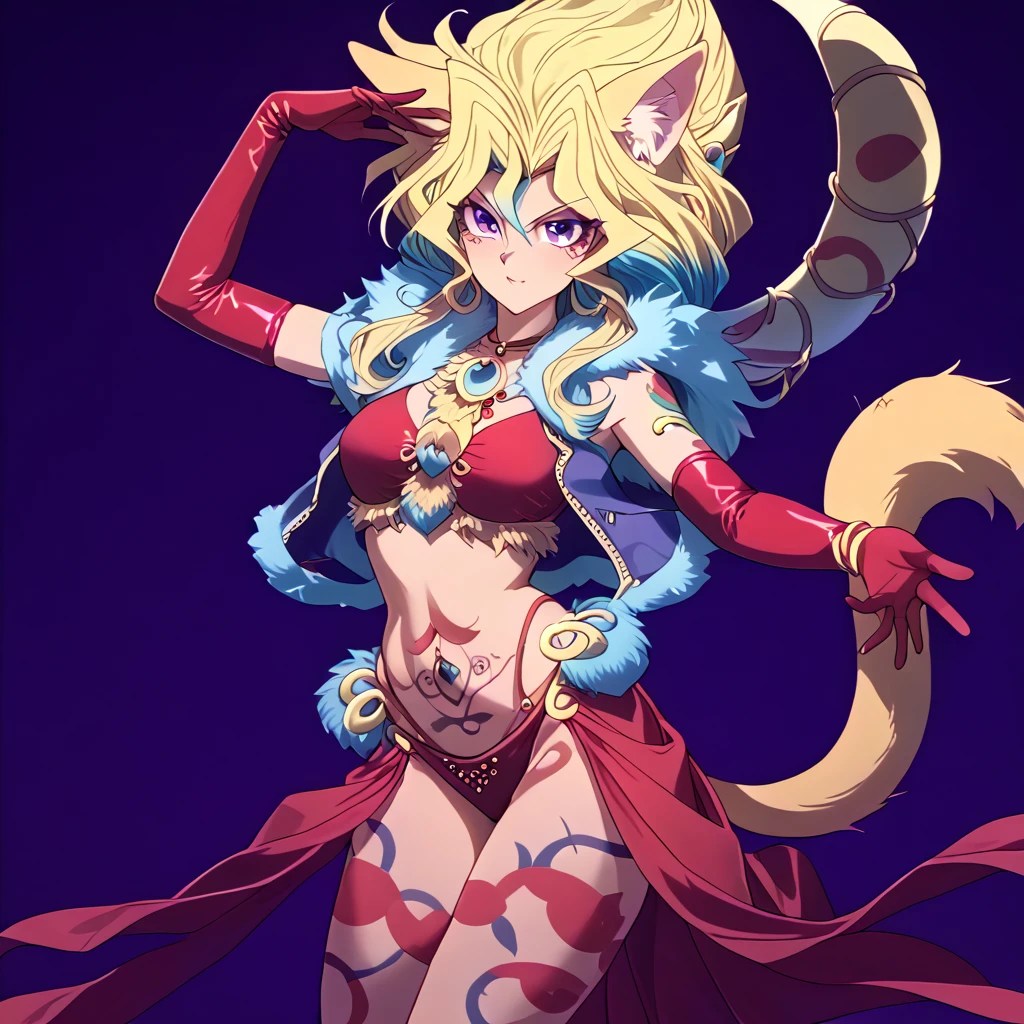 （Peacock Dance）、 1 girl, Blonde, Multicolored Hair,,Cat Girl, Tail,  revealing clothes,  belly dancer costume,  fur trim, Red gloves,  elbow gloves , Body pattern, Tattooed skin,（Moonlit Night、moonlight）