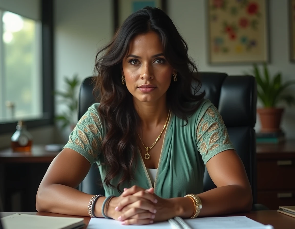create an image of a 38 year old woman. She is a psychologist with dark skin, height of 1.65m and a curvy body. Her hair is wavy and light brown, shoulder length, and her eyes are green. She wears a green formal dress. Rachel is portrayed as calm, empathetic and intuitive, being the voice of reason and the group's peacemaker. Her skills include clinical psychology, behavioral analysis and conflict mediation. Rachel has a necklace with a crystal pendant, a silver bracelet and always carries a notebook. Driven by a desire to help others and make a difference, Rachel is married and shares a common passion with her husband for helping others, even though they have lost a . Please create an image that captures Rachel's calm, empathetic, and resilient essence, reflecting her importance as the group's emotional compass and mediator on their mission