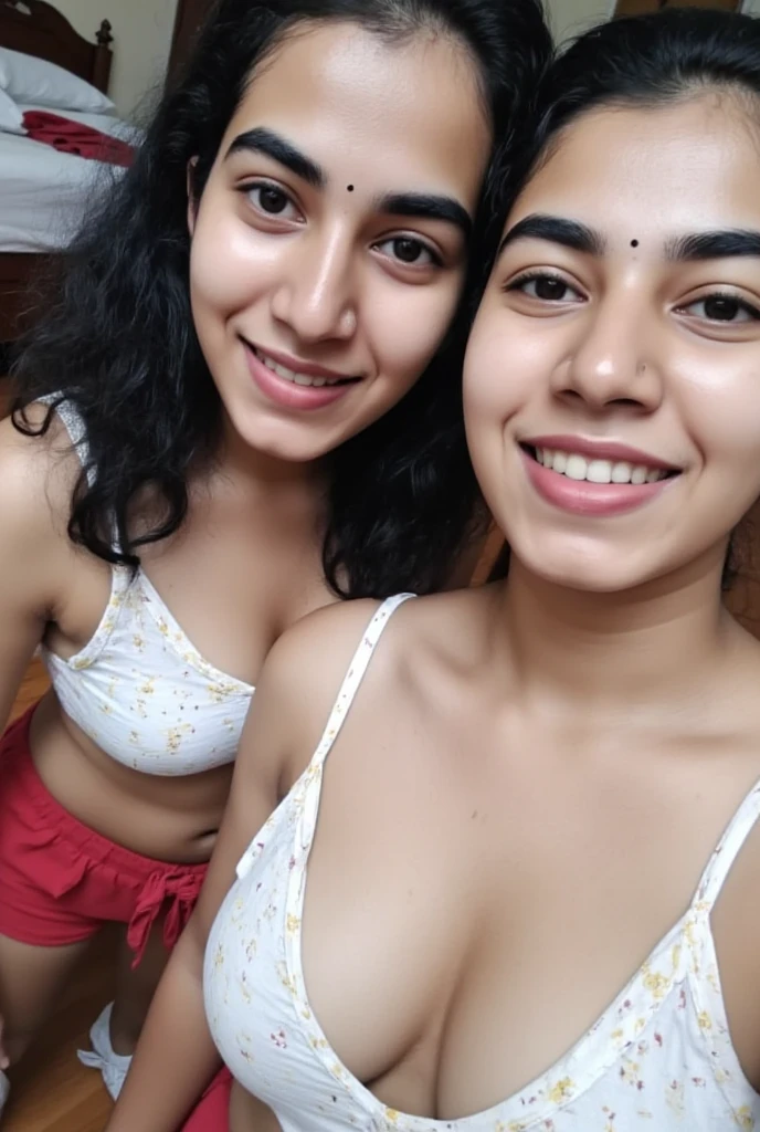 Selfie Photo of Kerala straight mallu couple.female with fair Indian skin tone and black long hair.curvy chubby body figure. Wearing white camisole and red shorts and showing deep ckeavage and male wearing white tshirt and black shorts in kerala bedroom. Full size photo. Detailed photo. Realistic photo. Photo taken in nikon camera.face looking straight.