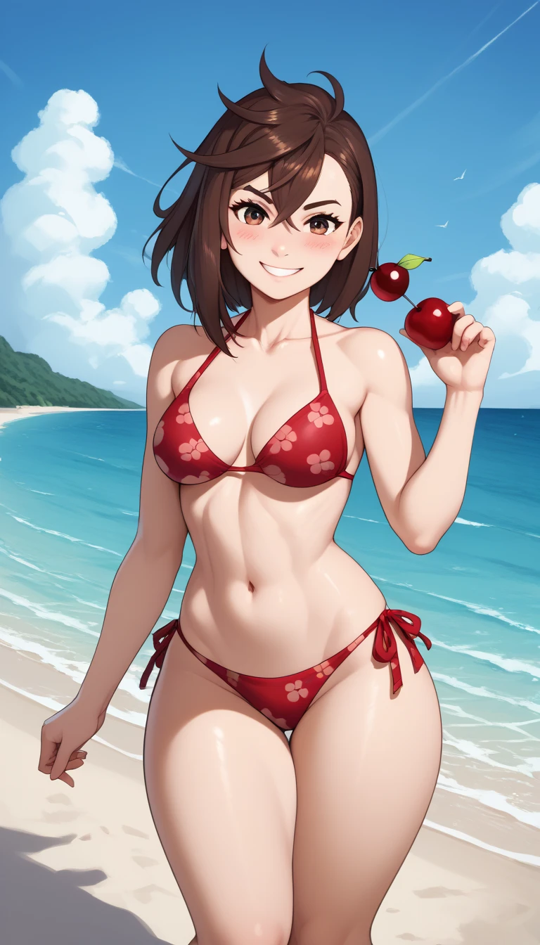   Momo Ayase medium hair , brunette,   brown eyes ,   medium breasts ,   thick thighs   ,  Blush, cherry print bikini , Mischievous smile,blushyspicy, beach, Perfect fingers,   perfect legs ,   masterpiece , refined, Award Winning Illustration,   incredible composition , anime,