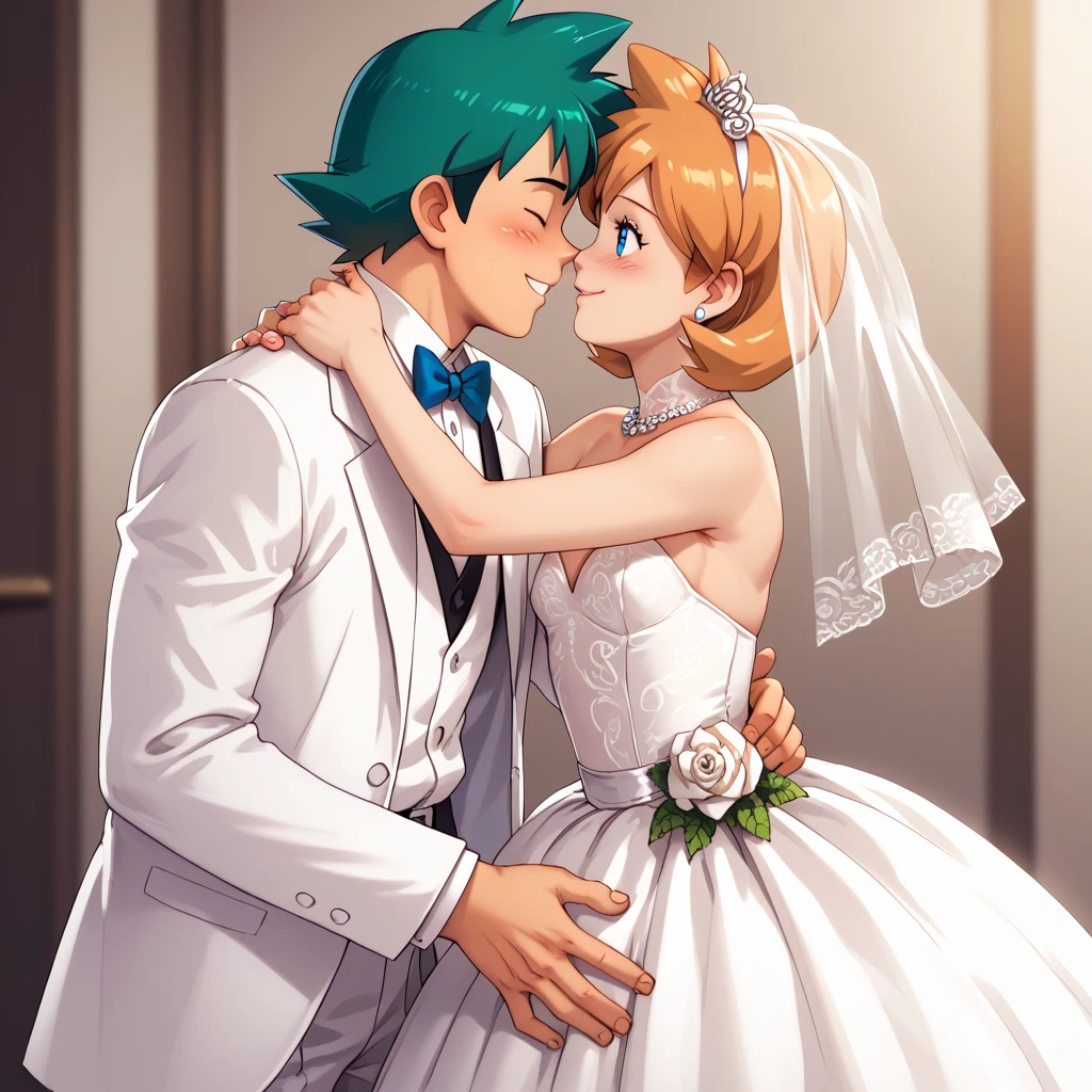 highly detailed, (couple), hetero, (duo focus), highres, 1man, 1woman, BREAK, 1man, ash ketchum, ashxyz, aged up, handsome boy, good looking boy, white tuxedo, BREAK, 1woman, Misty_G2, small breasts, white wedding gown, marriage, wedding, wedding ceremony,