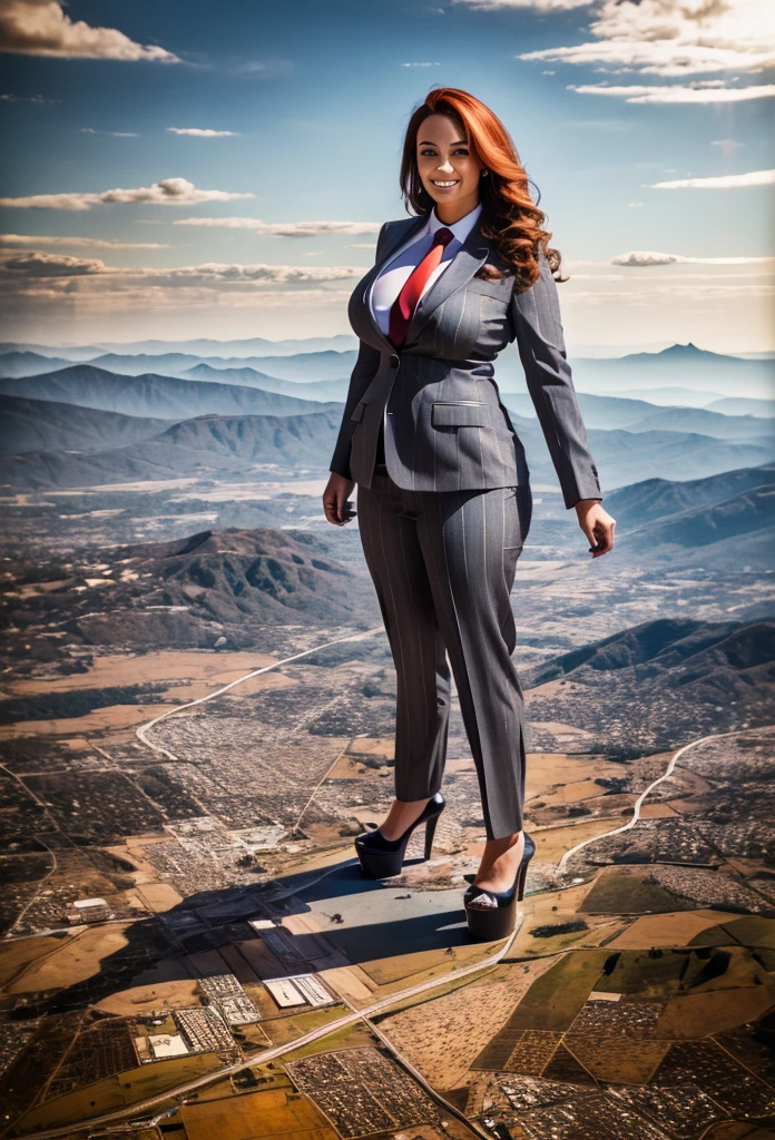 10 miles tall curvy woman with a beautiful smile, bigger than a giant city, curvaceous figure, natural breast, and long wavy bright red hair with blonde highlights, with a curvaceous figure and massive breasts. wearing the finest light grey pinstripe trouser suit and blazer, white colege shirt and large thick knotted red tie, and rounded platform high heels with uncovered feet, standing on top of a city facing the forwards in a rampage-like pose, with a cityscape background of mega-city, urban sprawl, and small towns, giant montains, partially obscured by a hazy, cloudy atmosphere. The image is a high-resolution, masterpiece-quality, cinematic, ultra-detailed, and hyper-photorealistic photograph, with perfect hands, face, and lighting. ultra-detailed, 8K, photo-realistic, hyper-realistic, masterpiece, intricate details, full body view. Looking at camera, The image is a high-resolution, masterpiece-quality, cinematic, ultra-detailed, and hyper-photorealistic photograph, with perfect hands, face, and lighting. ultra-detailed, 8K, photo-realistic, hyper-realistic, masterpiece, intricate details, full body view