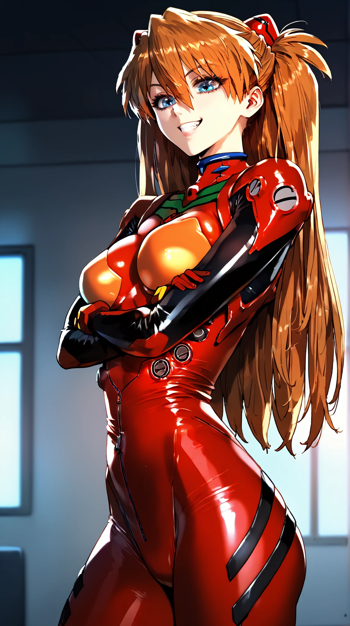 (Score 9 up ,  スコアteeth8以上です ,  Highest score ,  top quality),
 1 girl,  Soryu Asuka Langley,  plug suit ,  big , teeth,  blue eyes,   Interface Headphones ,   red bodysuit ,    Mohican's Face Mocking ,  Pilot Uniform , Bright clothes, skin tight,  hair between eyes,  Brown Hair,  standing with different breasts ,  cross arms,  slightly proud expression ,  A proud smile ,   looking down at viewers , 
