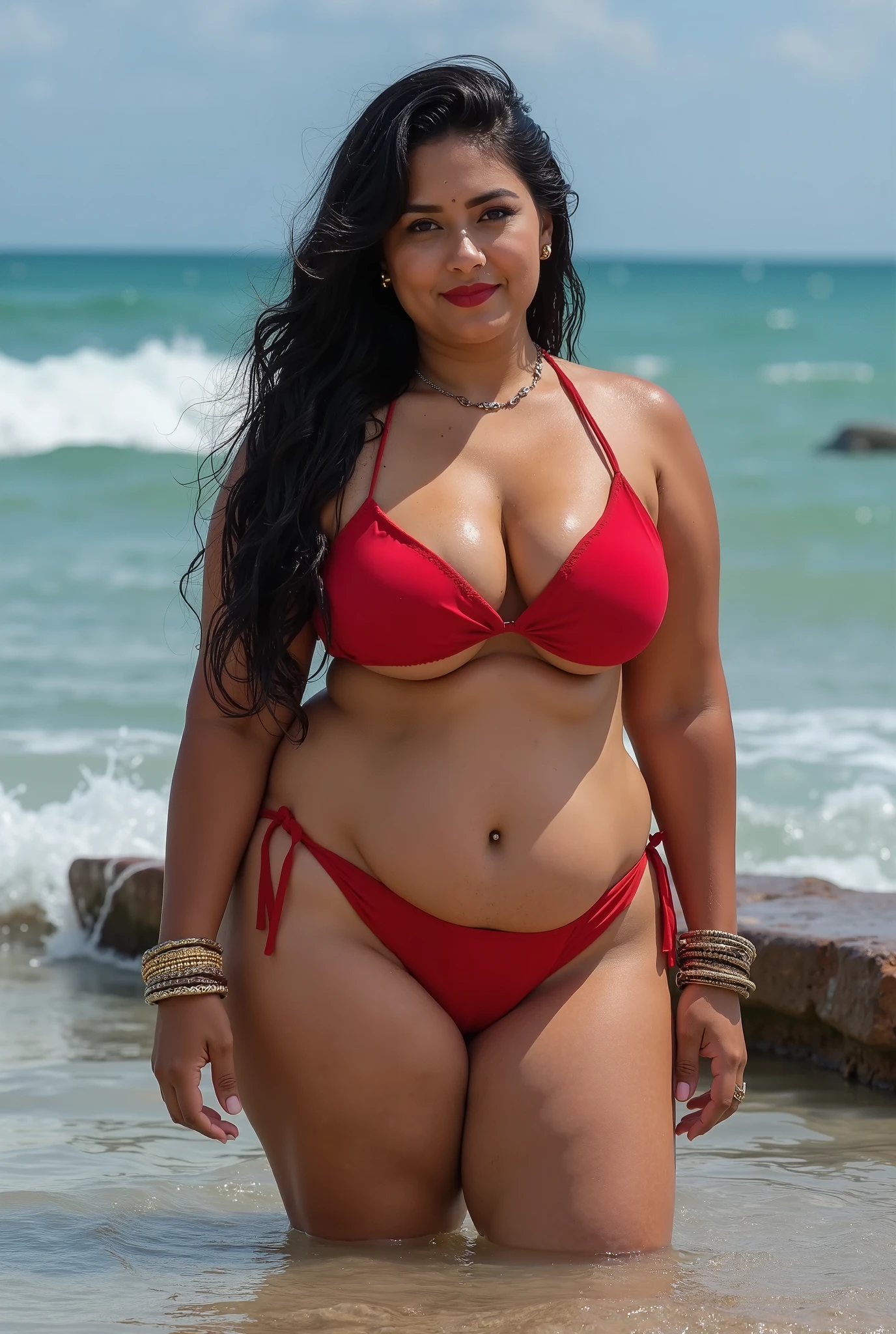 51 years old chubby fit milf lady wearing a yekko thong bikini fit belly. Arabian look. blue eyes. pearcing, two piece bikini. red chubby lips sit on pool chair wearing a towel, full body