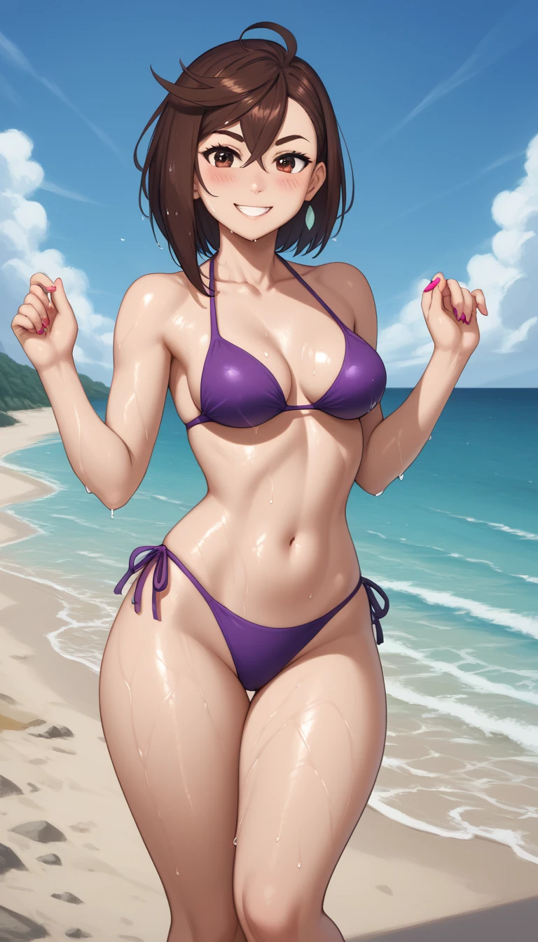   Momo Ayase medium hair , brunette,   brown eyes ,   medium breasts ,   thick thighs   ,  Blush, sexy purple bikini , Mischievous smile,blushyspicy, beach, Perfect fingers,   perfect legs ,  sentada sobre uma toalha verde na beach, wet, whole body,  masterpiece , refined, Award Winning Illustration,   incredible composition , anime,