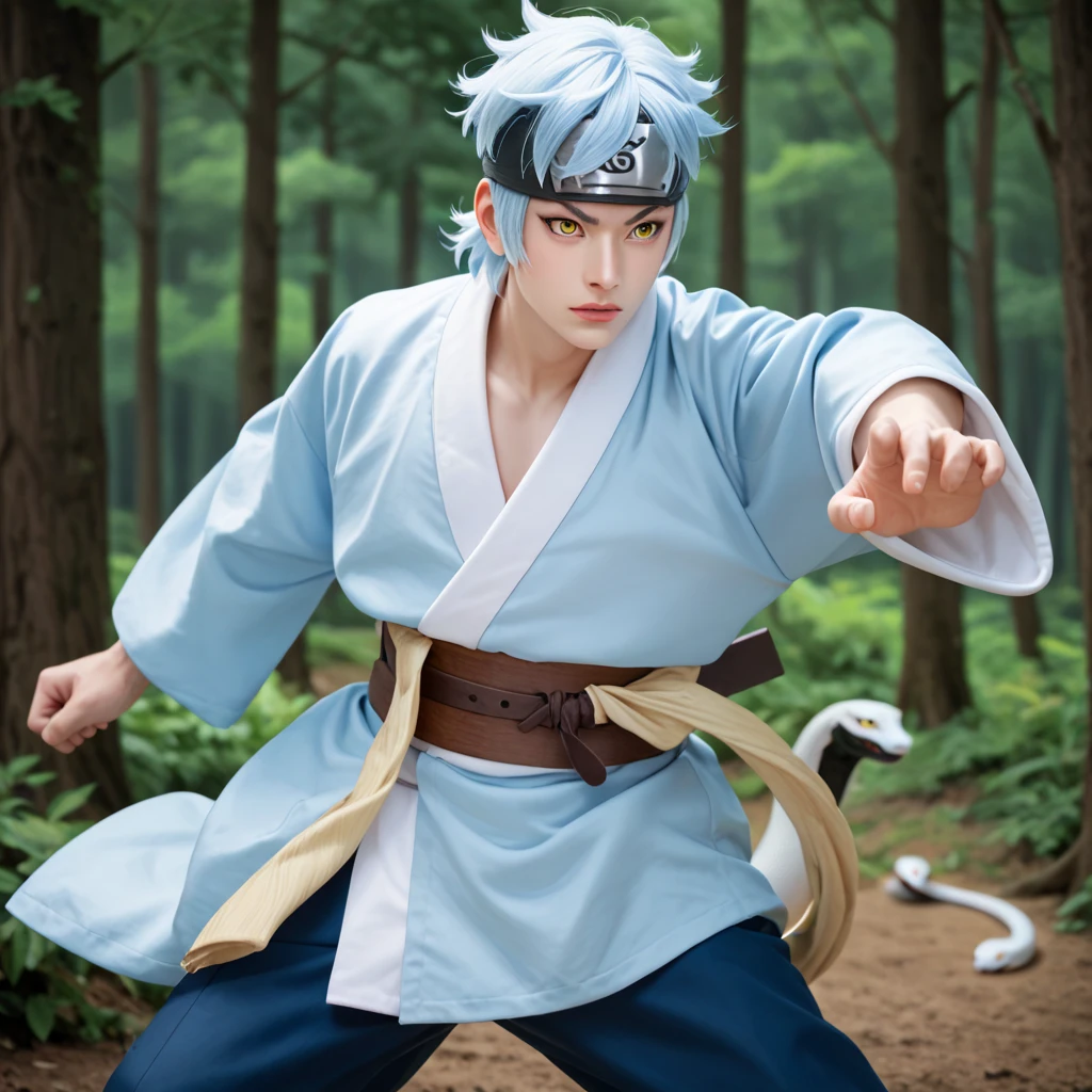 Mitsuki, 1boy, solo, white skin, light blue hair, yellow eyes, kimono blue sky, brown big belt, head protector, dark blue pants, fight pose, cowboy shot, forest, white snake in hand