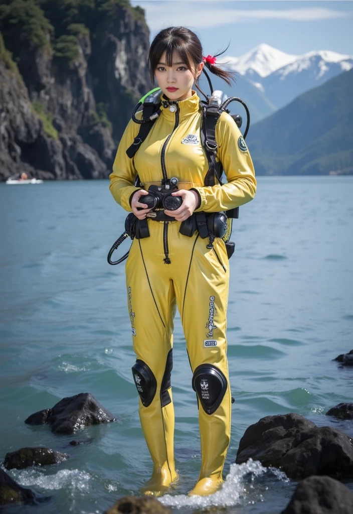 A documentary photo, Photo-realistic, ultra-realistic, (Japanese beautiful young woman, famous Japanese idol, boyish cool face:1.3), wetlook rubberish pink clothes,, she is a military diver of Japan navy, experienced military diver, wearing a professional wetsuits for military diver with professional scuba equipment, She is on a shlre, She is preparing to scuba dive for a lifesaving mission, there is a large battle ship behind her,, Natural Makeup, boyish face ,Front View:1.21, Perfect Anatomy:1.21, Small head:1.21, Slender body:1.37, Narrow waist:1.5, Thin limbs:1.5, Flat Chest:1.5, Anatomically correct limbs, Diving Suits warm  wetlook (high smooth turtleneck collar), Fully equipped for diving, Very cute Japanese woman, Brown Hair, Chignon Hair, woman holds oval scuba mask, Calm sea in qinter, Dynamic and emotional movie lighting, 