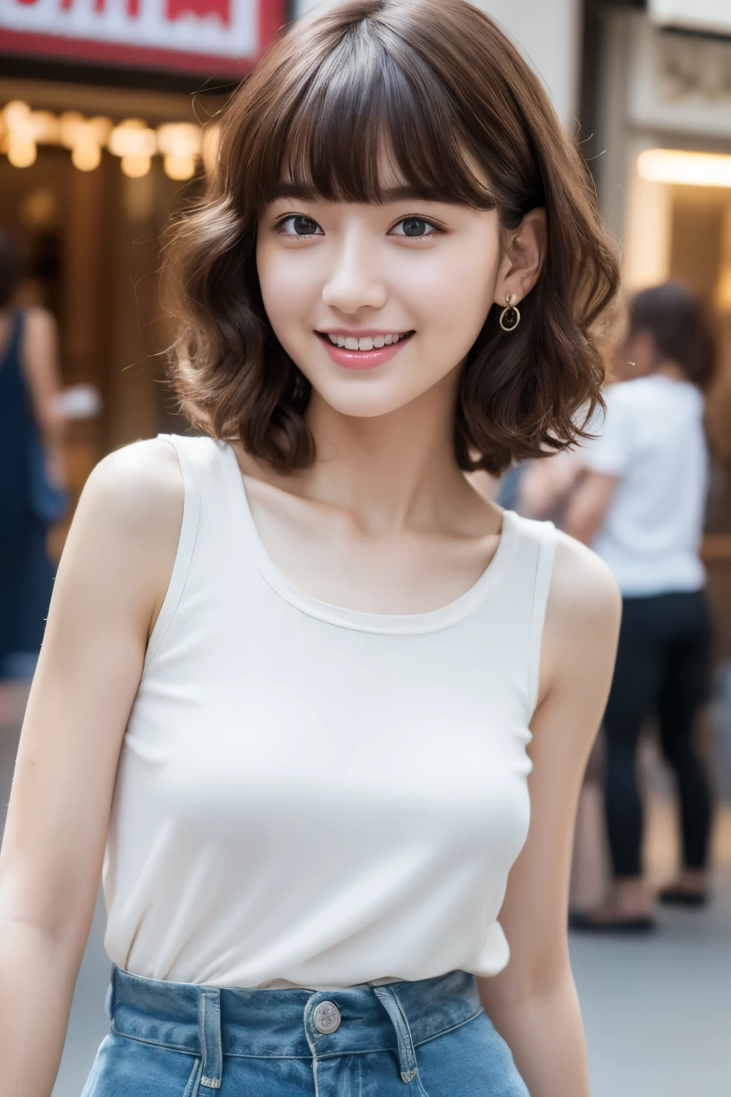 ((Best Quality, 8k, Sharp Focus, 35mm Lens, Masterpiece: 1.2, Natural Light, Ultimate Girl, Highly Detailed Facial Textures)), (Shoulder Knit Sweater), (hot pants), (Park: 1.2 ), emphasized breast, highly detailed facial textures, inverted triangle face, detailed beauty makeup:1.2, double eyelids, ultra-detailed skin, navel, detailed bangs, (detailed eyes), Grinning, floating medium short hair, looking at viewer,