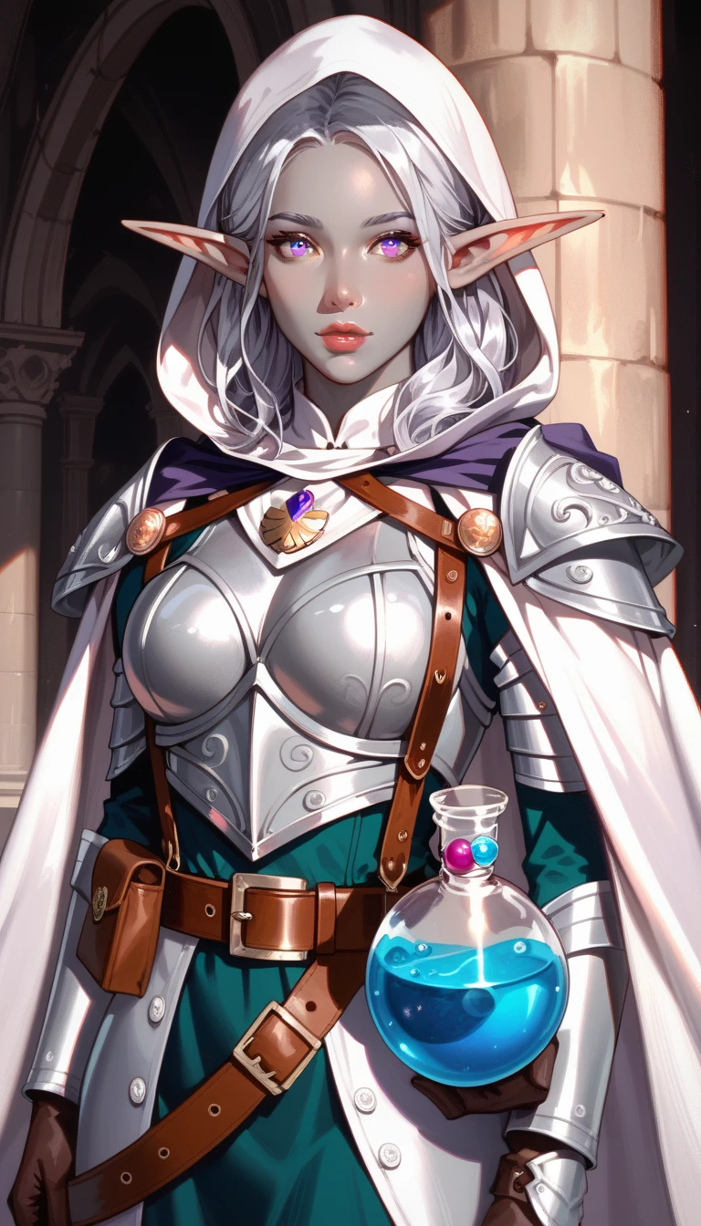 Drow,  Pointed ears, Solitary, Elf, hood, Skin of color, looking at the audience, Long silver hair, cloak, dark Elf, hood up, cape, hooded cloak, belt, pouch, Lavender-colored eyes, Gray skin, arms, Lips, armor, Black/White Badge, potion belt, smith tools on belt,((masterpiece, best quality))